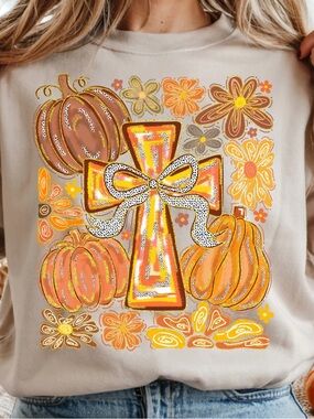 Light Grey Gildan Fall Cross & Pumpkin Graphic Tshirt Small-3X